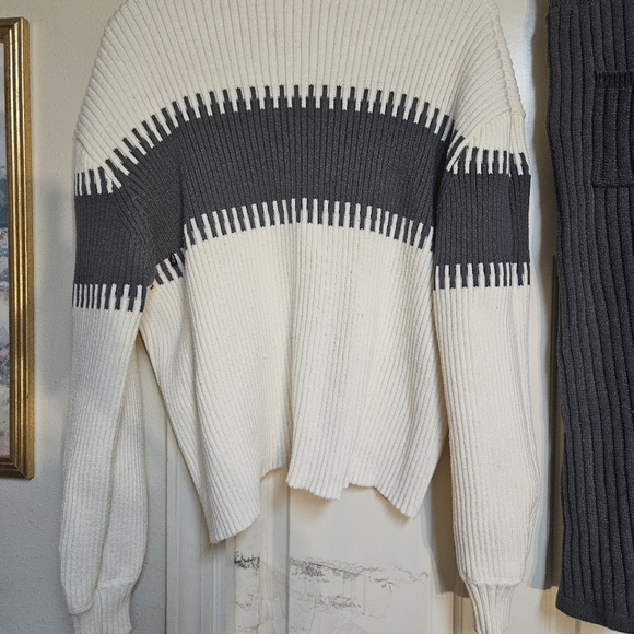 White and Dark Knitted Striped Sweater and Skirt Set - Picture 3 of 4